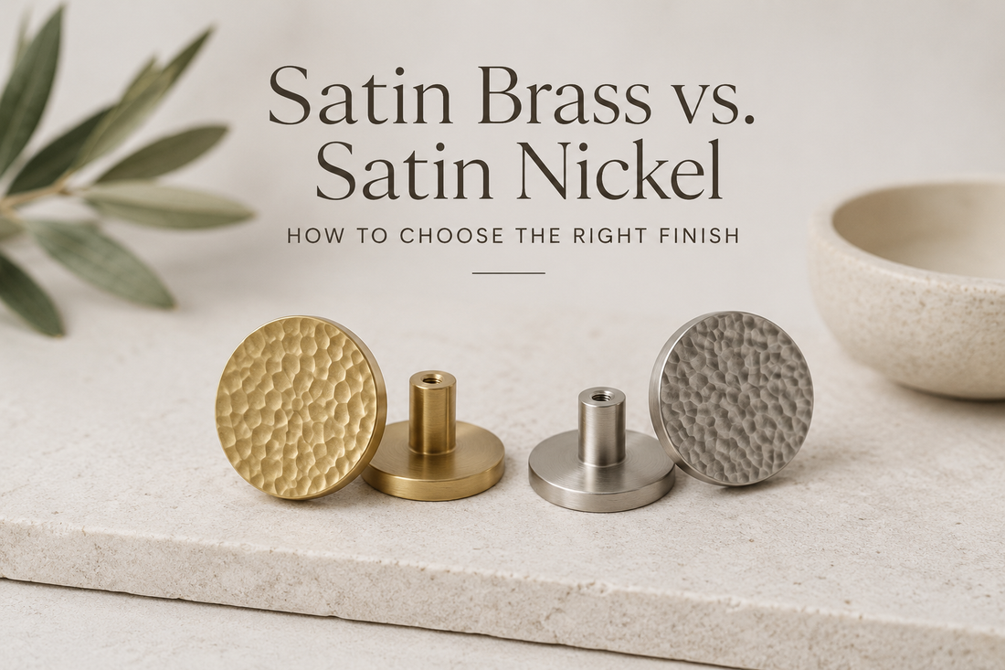 Satin brass and satin nickel textured cabinet knobs by Kova Atelier Home